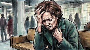 Ilustración de una mujer con rostro angustiado y cabello castaño, sentada en un banco de madera en un pasillo público con otras personas difusas al fondo