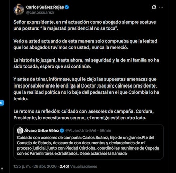 Carlos Suárez rechaza las acusaciones de Uribe y advierte sobre los riesgos para su seguridad y la de su familia tras las declaraciones públicas - crédito X