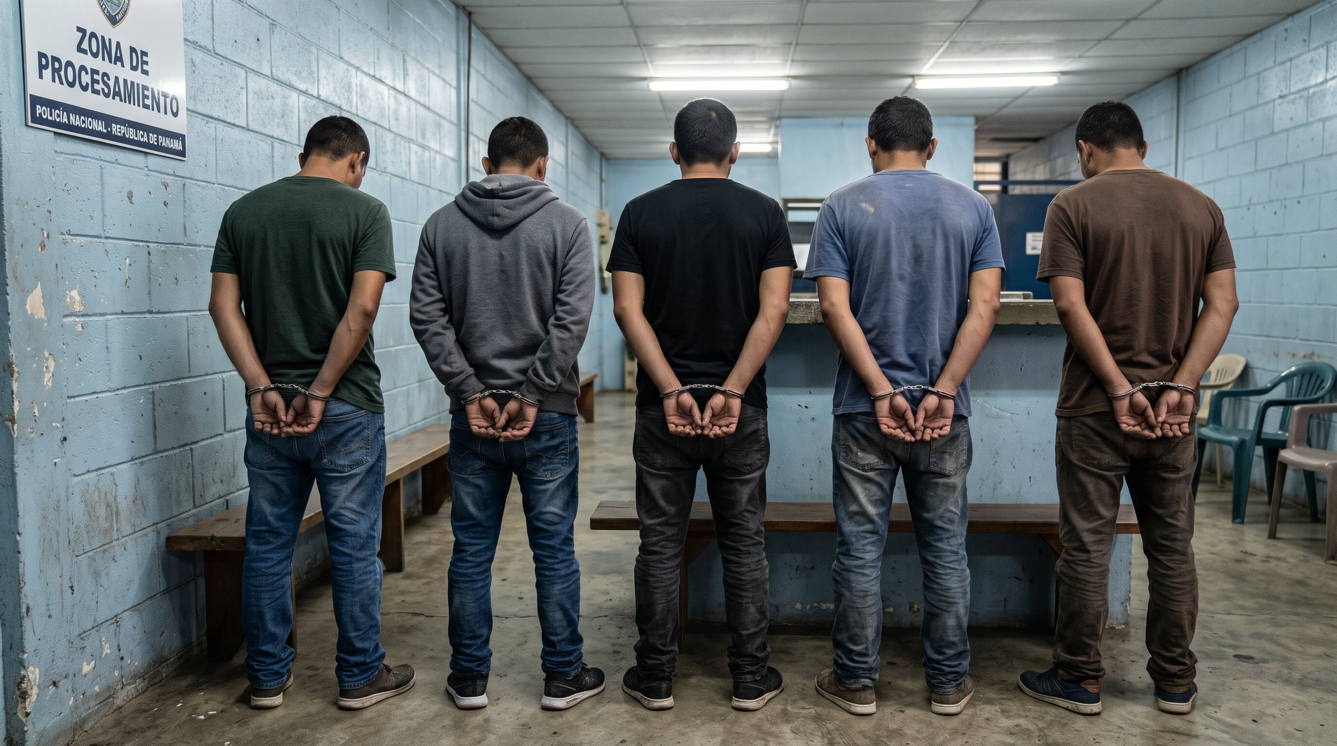Cinco hombres permanecen de pie y esposados en la zona de procesamiento de la Policía Nacional de Panamá. (Imagen Ilustrativa Infobae)