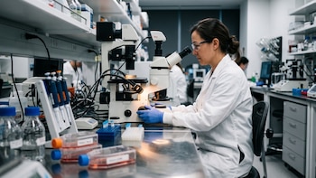 Una mujer con bata blanca, gafas de seguridad y guantes azules maneja un microscopio junto a frascos y tubos de ensayo