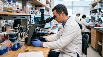 Un hombre con bata blanca y guantes azules mira por un microscopio junto a frascos y pantallas en un laboratorio.