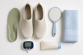 Un par de zapatos beige, una plantilla ortopédica, un espejo de mano, una toalla, un glucómetro y un tubo de crema ordenados sobre fondo blanco.