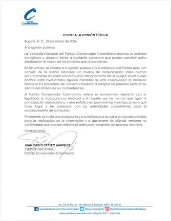 El colectivo político reafirmó su compromiso con que haya transparencia en la contienda electoral - Partido Conservador