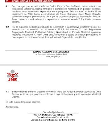 Documento oficial del Jurado Nacional de Elecciones de Perú con texto mecanografiado, logotipo institucional y firma digital al pie de página