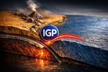 Diagrama conceptual 3D: Placa ocre (continental) sobre placa azul oscuro (oceánica) en subducción, con volcán humeante, línea roja y logo IGP azul.