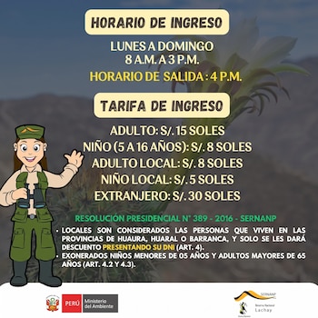 Cartel informativo con los precios de entrada, horarios de acceso, la ilustración de una guardaparque y logotipos institucionales de Perú