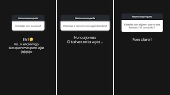 Tres capturas de pantalla de historias de Instagram. Cada una contiene una pregunta de usuario y la respuesta de Sabrina Rojas sobre relaciones