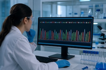 Una mujer con bata de laboratorio y guantes de protección observa un monitor que muestra un electroferograma con bases de ADN.