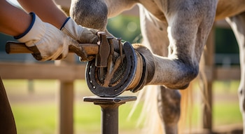 Primer plano de manos enguantadas fijando una herradura a la pezuña de un caballo gris con un martillo y clavos. La pezuña se apoya en un soporte.