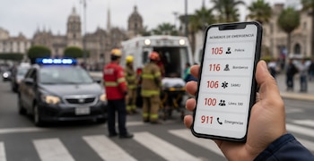 Mano sostiene un teléfono móvil con lista de números de emergencia. Fondo con ambulancia, coche de policía, bomberos y personal de rescate