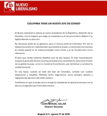El partido, bajo la dirección de Juan Manuel Galán, llamó a construir unidad nacional y aseguró que mantendrá una postura independiente y vigilante frente al nuevo gobierno - crédito Nuevo Liberalismo