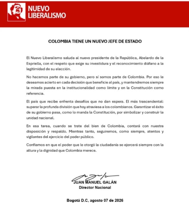 El partido, bajo la dirección de Juan Manuel Galán, llamó a construir unidad nacional y aseguró que mantendrá una postura independiente y vigilante frente al nuevo gobierno - crédito Nuevo Liberalismo