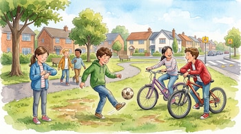 Niños jugando al fútbol, en bicicleta y consultando un reloj en un parque con vegetación, viviendas y un cruce peatonal al fondo.