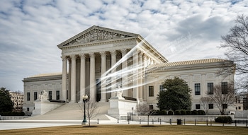 Vista frontal del edificio de la Corte Suprema de EEUU con columnas y escalinata, bajo un cielo nublado, con un efecto de datos digitales sobreimpreso.