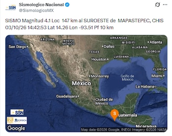 Sismo de magnitud 4.1 en Mapastepc, Chiapas.
