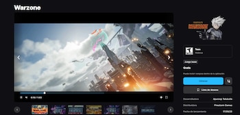 Captura de pantalla de la interfaz de Warzone. Un video muestra una ciudad futurista con rascacielos y una estructura cian flotante. A la derecha, detalles del juego y botón "Obtener"
