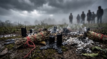 Velas negras derretidas, atados de hierbas con hilo rojo y cenizas sobre la tierra, con personas en silueta al fondo bajo un cielo nublado.