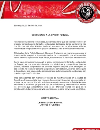 La organización Los Kuervos, barra brava del Junior de Barranquilla, cuestionó la versión oficial sobre el doble homicidio ocurrido la noche del 22 de abril de 2026 en el sector Santa Fe, centro de Bogotá - crédito Los Kuervos