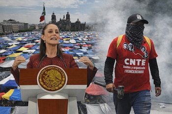 Claudia Sheinbaum en un podio con el Zócalo, lleno de carpas y la Catedral Metropolitana, al fondo. A la derecha, un manifestante de la CNTE con un mazo y humo.