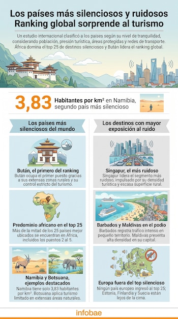 Infografía con títulos, texto, cifra 3,83, y seis ilustraciones sobre países silenciosos y ruidosos: Bután, ciudad ruidosa, África, animales, playa, Europa.