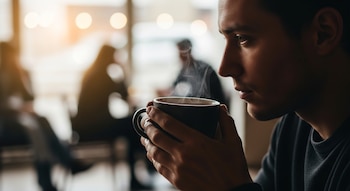 Hombre joven sostiene taza de café humeante; hay figuras borrosas y luces en el fondo.