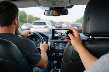 Vista trasera del interior de un coche con un pasajero grabando el tráfico en la carretera con un celular, y el conductor al volante.