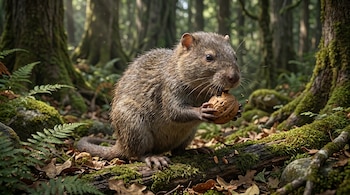 Primer plano de una nutria de pelaje marrón grisáceo, con bigotes largos, sentada en el suelo del bosque y comiendo una nuez.