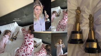 Collage de nueve fotos mostrando a Wanda Nara, una niña y otra durmiendo en una cama con dos premios Martín Fierro de oro, y Wanda posando con uno.