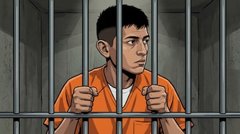 Ilustración de un hombre joven con vestimenta naranja de preso detrás de barrotes metálicos en una celda de concreto, mirando a la derecha.