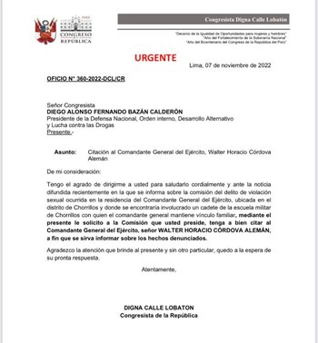 La congresista Digna Calle solicita