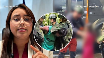 Una mujer con gafas habla en primer plano junto a un recuadro de militares que sujetan a un hombre y una escena difuminada