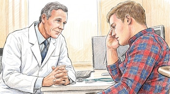 Ilustración de un médico con bata blanca y un paciente con camisa a cuadros sentados en un escritorio durante una consulta médica, con un estetoscopio.