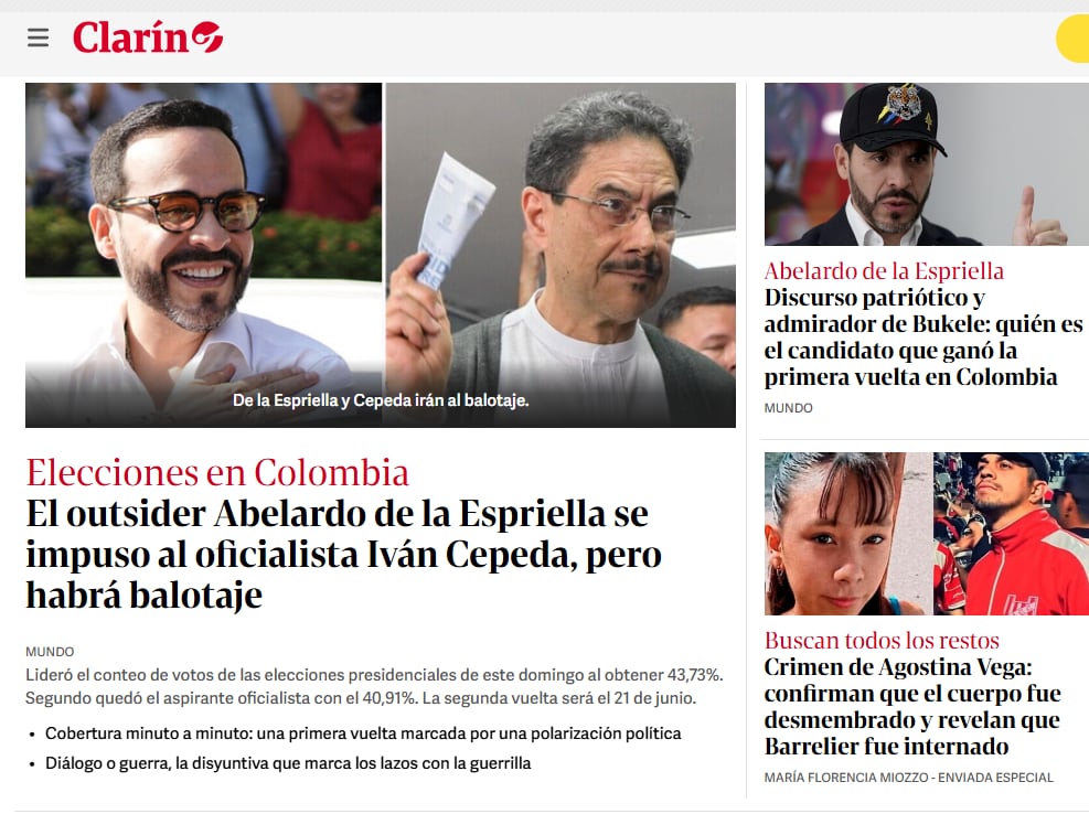 Publicación Clarín sobre las Elecciones en Colombia - crédito Clarín