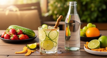 Vaso de agua mineral preparada con rodajas de pepino, limón y hielo, borde con chile, junto a una botella de agua, fresas, pepino, uvas, naranja y limones.