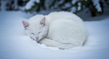 Un gato blanco está acurrucado durmiendo sobre la nieve, con los ojos cerrados y el pelaje esponjoso. Se ve el hocico rosado y orejas puntiagudas.