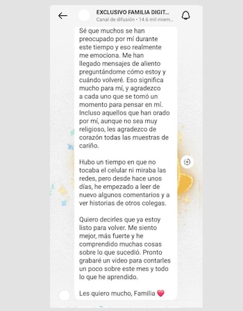 Comunicado de Julián Zucchi anunciando su regreso a las redes sociales. Instagram/@julianzucchi