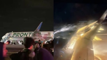 Vista dividida: a la izquierda, un avión comercial con el texto "FRONTI" en su fuselaje, estacionado en la pista con escaleras; a la derecha, una imagen difusa y luminosa
