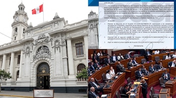 Composición con la fachada del Palacio Legislativo del Perú, un documento oficial impreso y legisladores reunidos en el hemiciclo del Congreso.