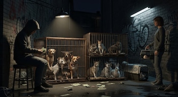 Perros, gatos y conejos enjaulados en un callejón oscuro, con dos personas y billetes en el suelo.
