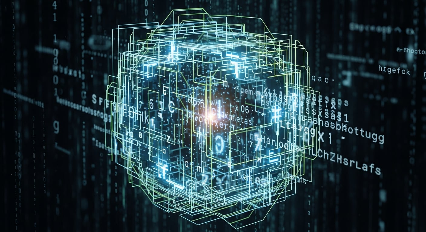 Un cubo abstracto brillante con líneas y códigos digitales rodea información encriptada, simbolizando la seguridad de datos en el entorno tecnológico actual. (Imagen Ilustrativa Infobae)