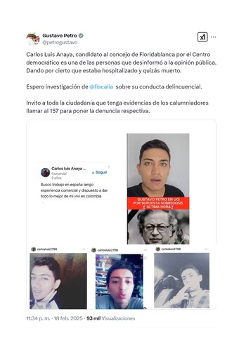 Trino de Petro señalando a un excandidato del Centro Democrático por, supuestamente, difundir 'noticias falsas' en su contra. (Crédito: @petrogustavo / X)