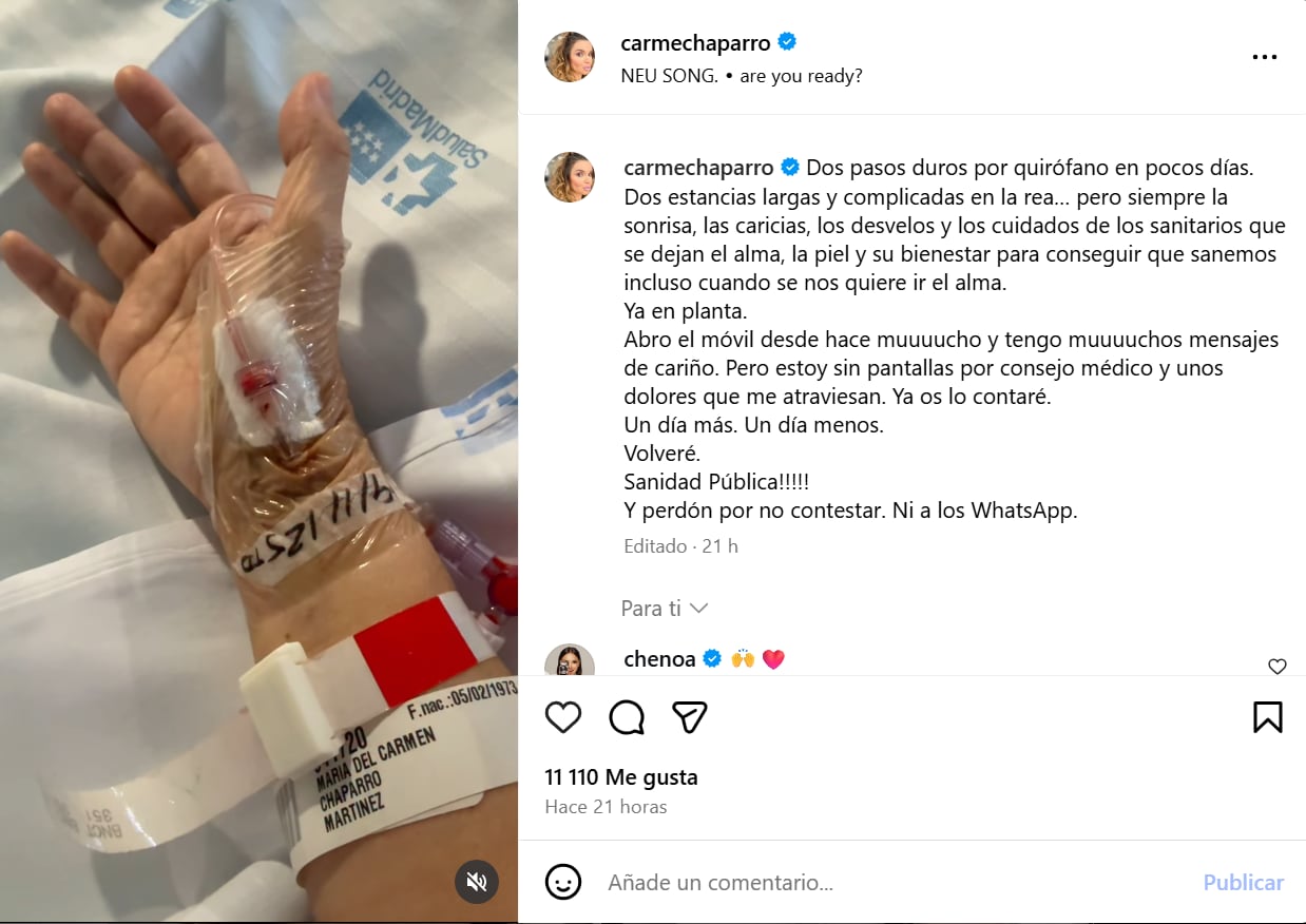 Publicación de Carme Chaparro desde el hospital. (Instagram)