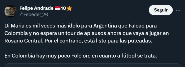 Internautas recordaron a Falcao García tras presentación de Di María con Rosario Central- crédito @Fepeder_20/X