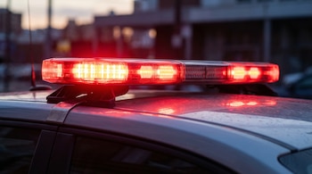Vista cercana de una sirena de emergencia roja encendida, montada en el techo de un vehículo, con luces LED parpadeantes visibles.