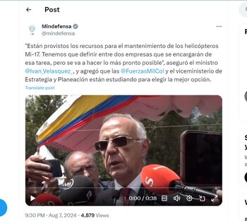 Ministerio de Defensa habla del mantenimiento a los helicópteros MI-17 - crédito @mindefensa