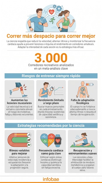 Infografía sobre cómo correr mejor. Muestra ilustraciones de corredores, riesgos de lesiones y estrategias científicas como ritmos variables y frecuencia cardíaca.