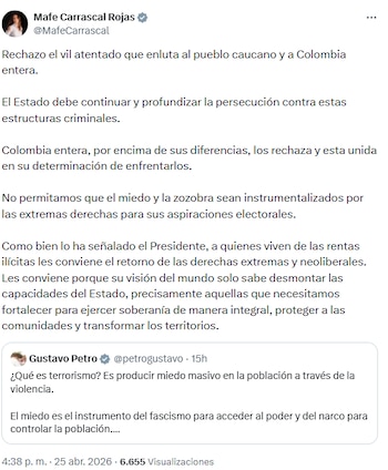 Mafe Carrascal rechazó atentado en Cauca y llamó a la unidad nacional contra estructuras criminales - crédito @MafeCarrascal/X