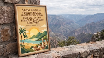 Póster enmarcado con ilustración de playa, palmeras, montañas y un pueblo. Se apoya en un muro de piedra con un valle montañoso y cielo nublado de fondo.