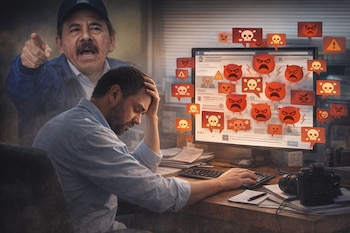 Hombre estresado en su escritorio mira una pantalla de computadora con iconos de calaveras y caras de enojo. Detrás, la imagen difusa de Daniel Ortega señalando.