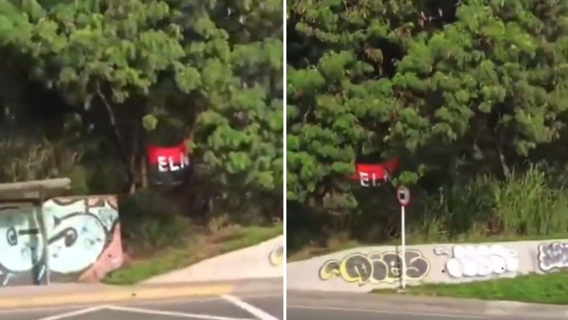 Bandera del ELN al lado de escuela de Policía; investigan si hay explosivos - crédito Captura video